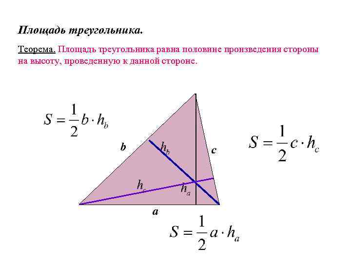Площадь треугольника. Теорема. Площадь треугольника равна половине произведения стороны на высоту, проведенную к данной