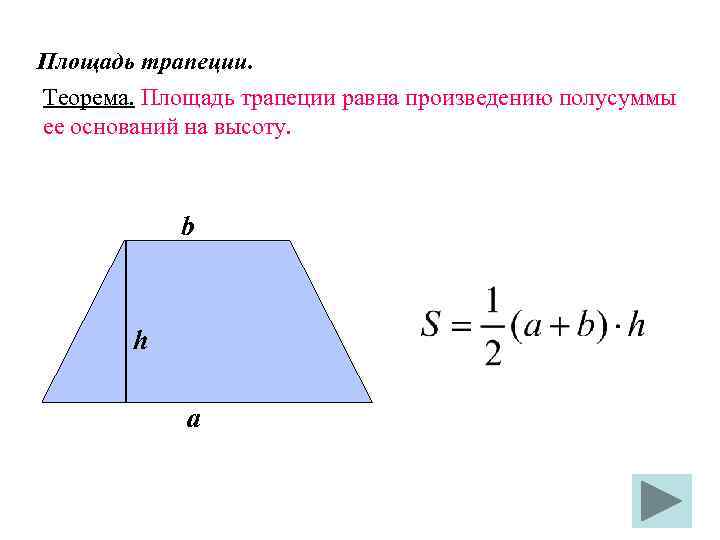 Площадь трапеции. Теорема. Площадь трапеции равна произведению полусуммы ее оснований на высоту. b h