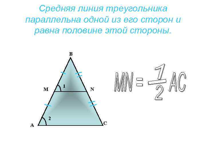 Средняя линия треугольника параллельна одной из его сторон и равна половине этой стороны. В