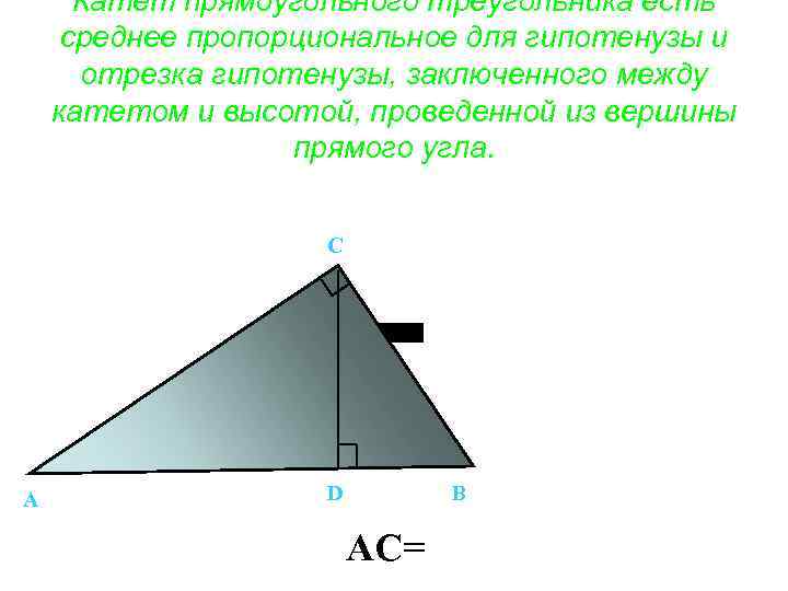 Катет прямоугольного треугольника есть среднее пропорциональное для гипотенузы и отрезка гипотенузы, заключенного между катетом