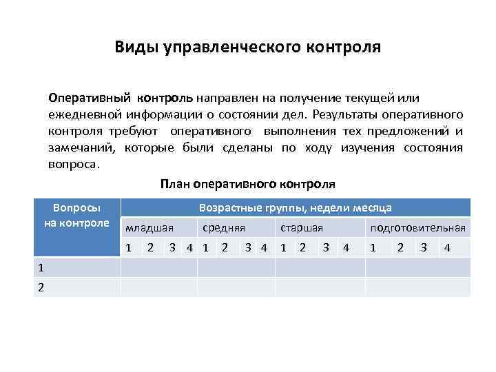 Виды управленческого контроля Оперативный контроль направлен на получение текущей или ежедневной информации о состоянии