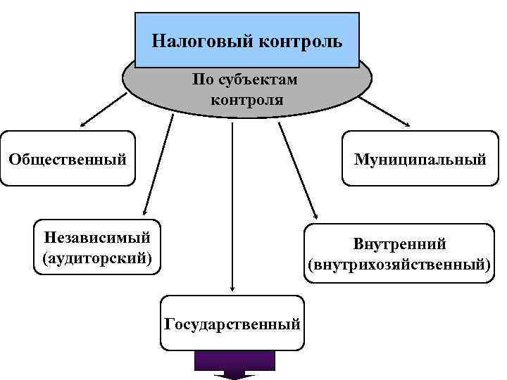 Налоговый контроль По субъектам контроля Общественный Муниципальный Независимый (аудиторский) Внутренний (внутрихозяйственный) Государственный 