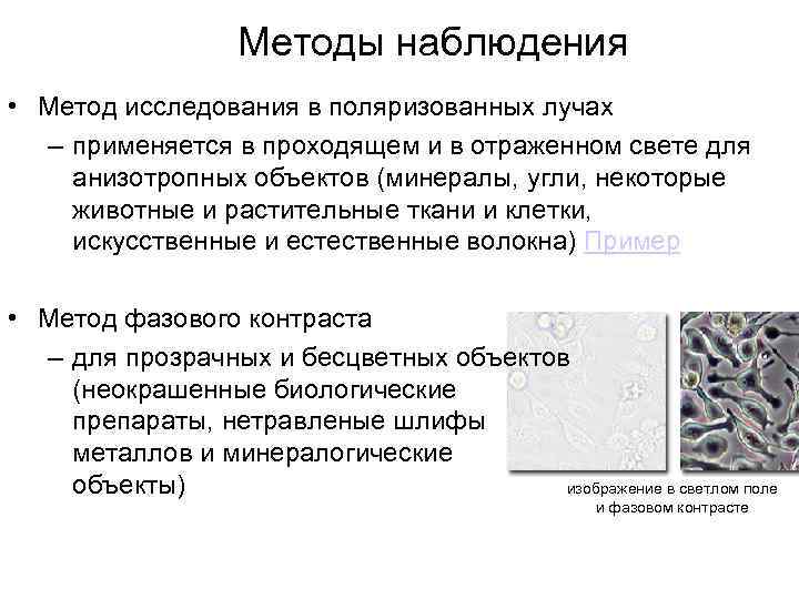 Методы наблюдения • Метод исследования в поляризованных лучах – применяется в проходящем и в