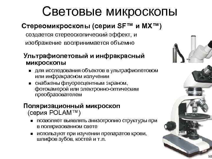 Световые микроскопы Стереомикроскопы (серии SF™ и MX™) создается стереоскопический эффект, и изображение воспринимается объемно