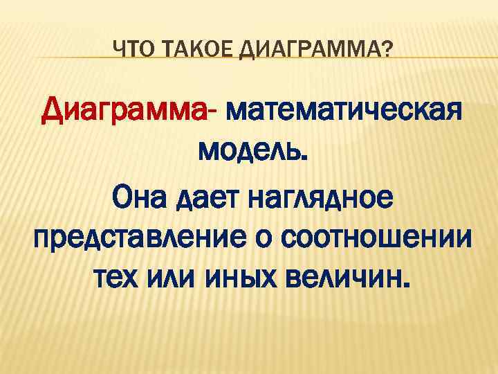 ЧТО ТАКОЕ ДИАГРАММА? Диаграмма- математическая модель. Она дает наглядное представление о соотношении тех или