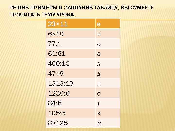 РЕШИВ ПРИМЕРЫ И ЗАПОЛНИВ ТАБЛИЦУ, ВЫ СУМЕЕТЕ ПРОЧИТАТЬ ТЕМУ УРОКА. 23× 11 6× 10