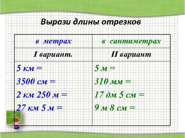 Вырази длины отрезков в метрах в сантиметрах I вариант. II вариант 5 км =