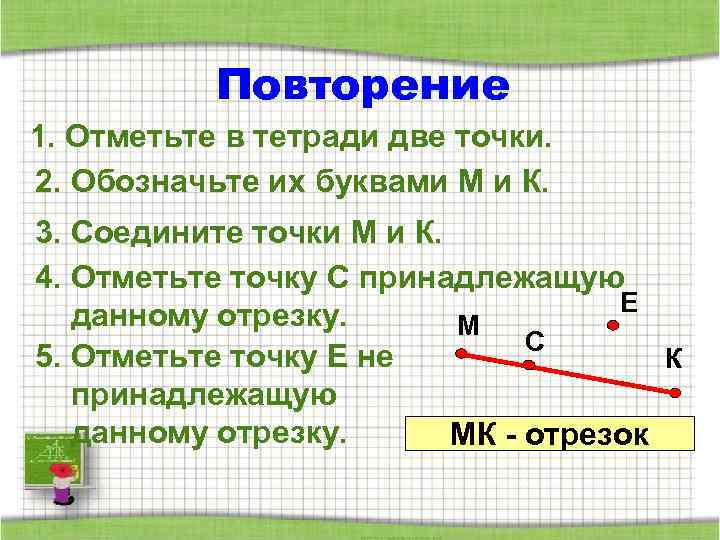 Повторение 1. Отметьте в тетради две точки. 2. Обозначьте их буквами М и К.
