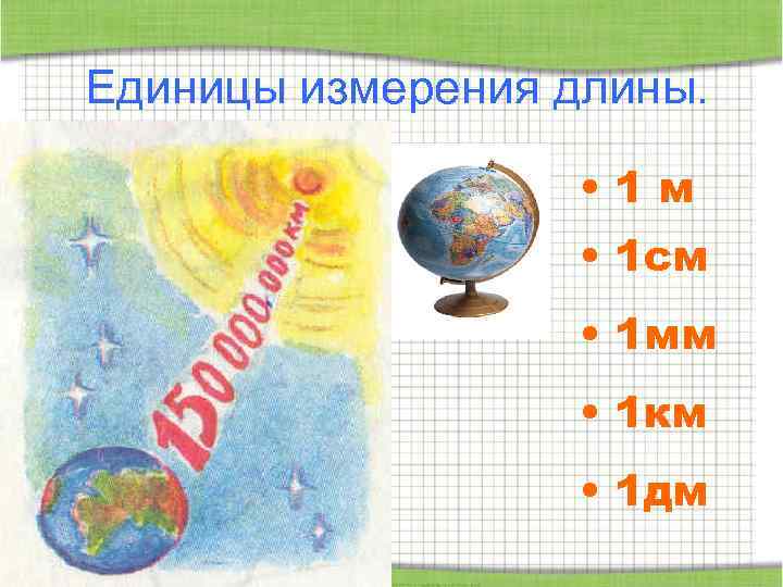Единицы измерения длины. • 1 м • 1 см • 1 мм • 1