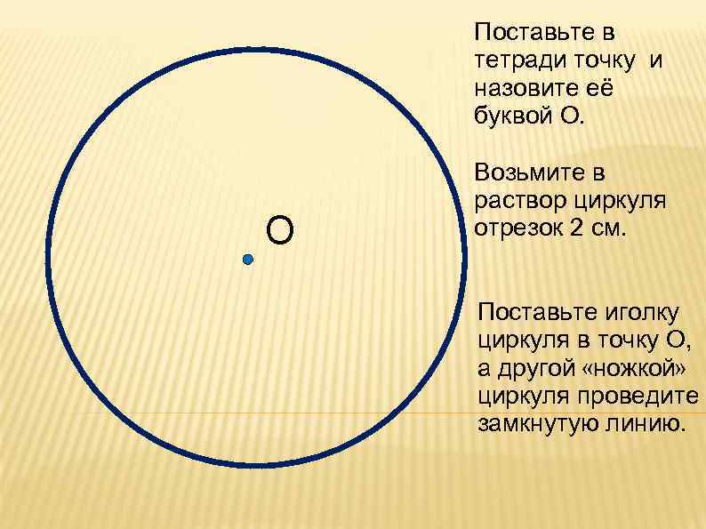 Поставьте в тетради точку и назовите её буквой О. О Возьмите в раствор циркуля