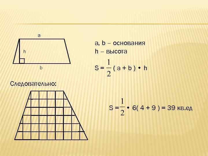 a a, b – основания h – высота h b S= (a+b) • h