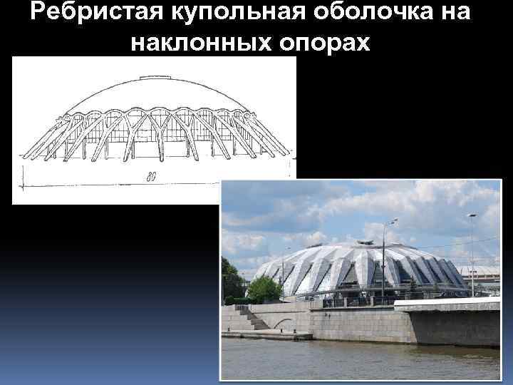 Ребристая купольная оболочка на наклонных опорах 