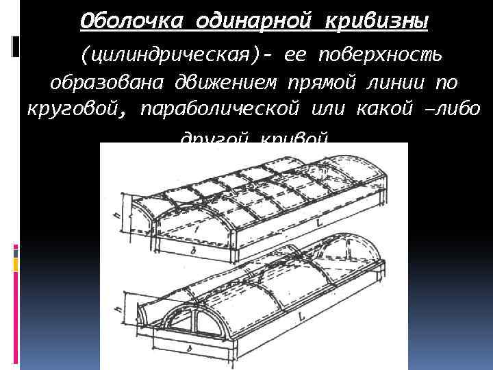 Оболочка одинарной кривизны (цилиндрическая)- ее поверхность образована движением прямой линии по круговой, параболической или