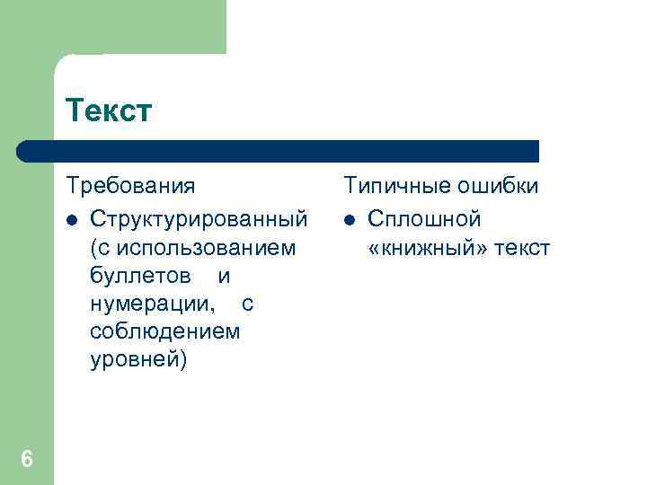 Текст Требования l Структурированный (с использованием буллетов и нумерации, с соблюдением уровней) 6 Типичные