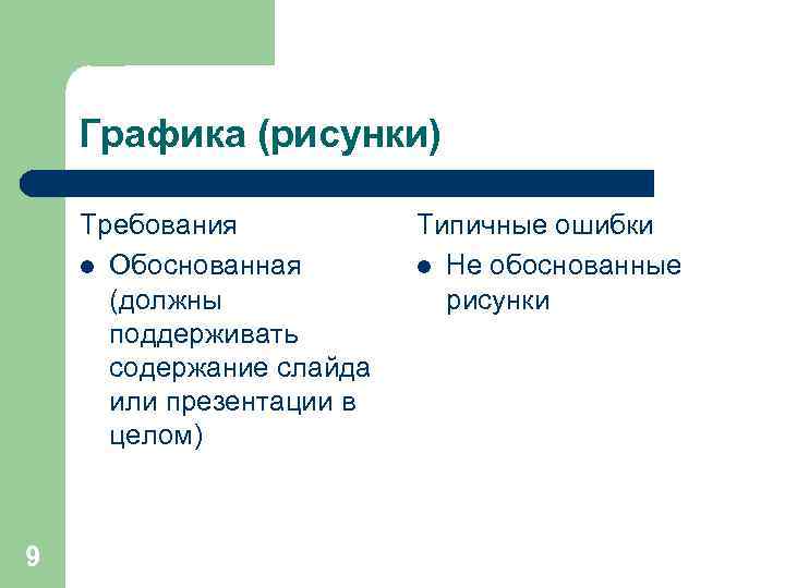 Графика (рисунки) Требования l Обоснованная (должны поддерживать содержание слайда или презентации в целом) 9