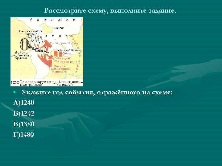 Рассмотрите схему, выполните задание. • Укажите год события, отражённого на схеме: А)1240 Б)1242 В)1380