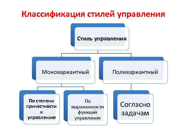Классификация стилей управления Стиль управления Моновариантный По степени причастности к управлению По выраженности функций