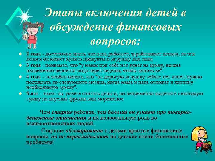 Этапы включения детей в обсуждение финансовых вопросов: u u 2 года - достаточно знать,