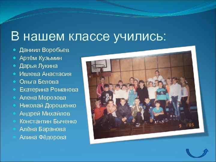 В нашем классе учились: Даниил Воробьев Артём Кузьмин Дарья Лукина Ивлева Анастасия Ольга Белова