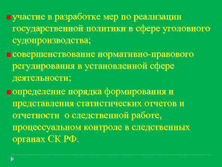 участие в разработке мер по реализации государственной политики в сфере уголовного судопроизводства; совершенствование нормативно-правового
