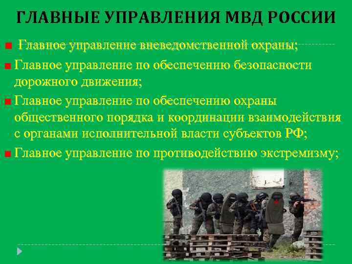 ГЛАВНЫЕ УПРАВЛЕНИЯ МВД РОССИИ Главное управление вневедомственной охраны; Главное управление по обеспечению безопасности дорожного