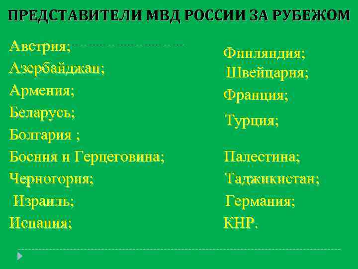 ПРЕДСТАВИТЕЛИ МВД РОССИИ ЗА РУБЕЖОМ Австрия; Азербайджан; Армения; Беларусь; Болгария ; Босния и Герцеговина;