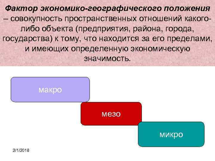 Фактор экономико-географического положения – совокупность пространственных отношений какоголибо объекта (предприятия, района, города, государства) к