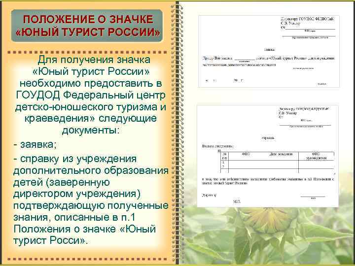 ПОЛОЖЕНИЕ О ЗНАЧКЕ «ЮНЫЙ ТУРИСТ РОССИИ» Для получения значка «Юный турист России» необходимо предоставить