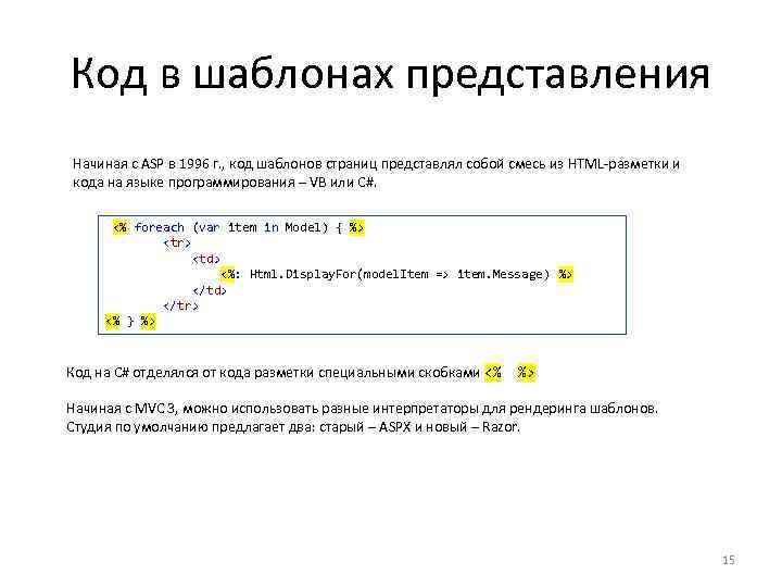 Код в шаблонах представления Начиная с ASP в 1996 г. , код шаблонов страниц