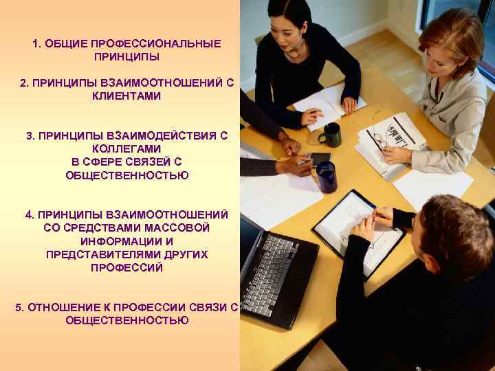 1. ОБЩИЕ ПРОФЕССИОНАЛЬНЫЕ ПРИНЦИПЫ 2. ПРИНЦИПЫ ВЗАИМООТНОШЕНИЙ С КЛИЕНТАМИ 3. ПРИНЦИПЫ ВЗАИМОДЕЙСТВИЯ С КОЛЛЕГАМИ