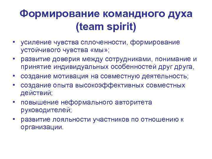 Формирование командного духа (team spirit) • усиление чувства сплоченности, формирование устойчивого чувства «мы» ;