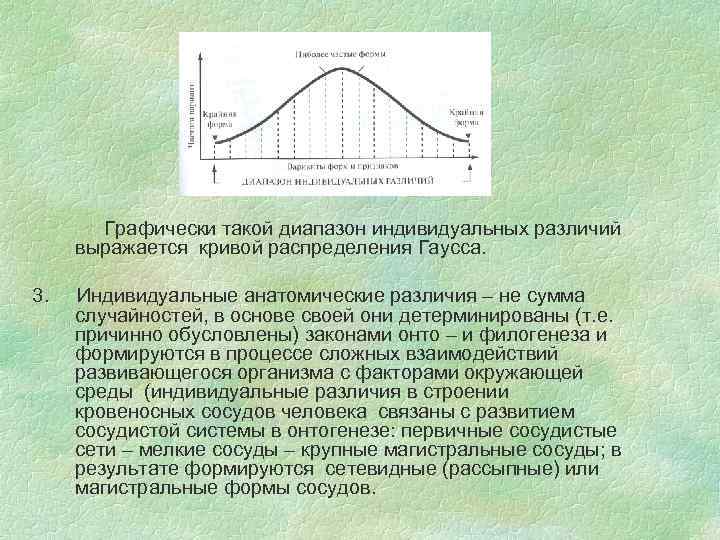  Графически такой диапазон индивидуальных различий выражается кривой распределения Гаусса. 3. Индивидуальные анатомические различия