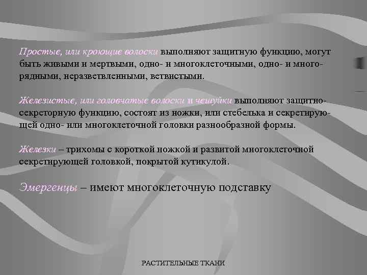 Простые, или кроющие волоски выполняют защитную функцию, могут быть живыми и мертвыми, одно- и