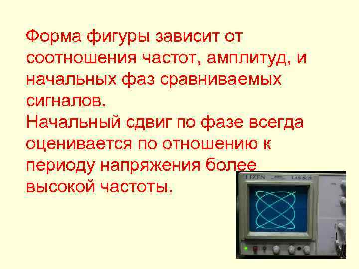 Форма фигуры зависит от соотношения частот, амплитуд, и начальных фаз сравниваемых сигналов. Начальный сдвиг