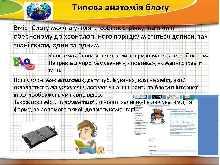 Типова анатомія блогу Вміст блогу можна уявляти собі як стрічку, на якій в оберненому