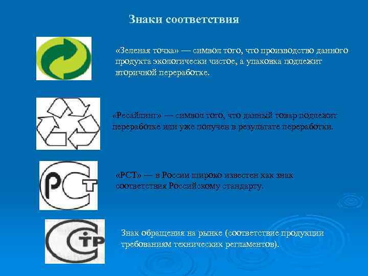 Знаки соответствия «Зеленая точка» — символ того, что производство данного продукта экологически чистое, а