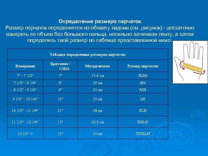 Определение размера перчаток Размер перчаток определяется по обхвату ладони (см. рисунок) - достаточно измерить