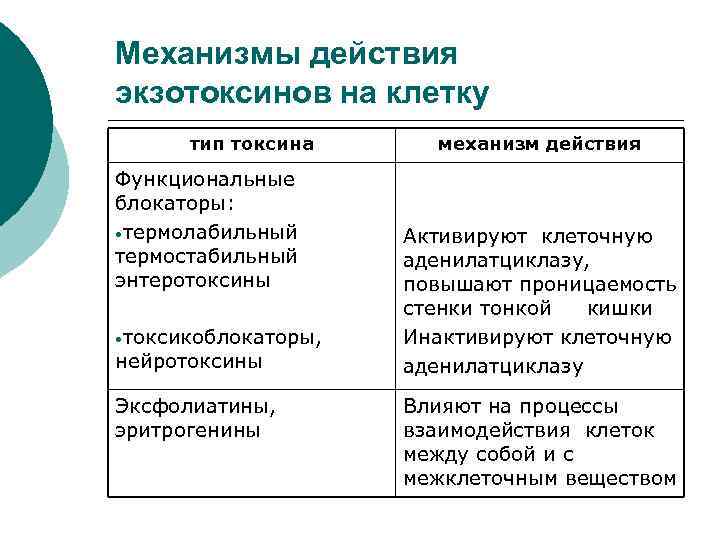 Механизмы действия экзотоксинов на клетку тип токсина Функциональные блокаторы: • термолабильный термостабильный энтеротоксины •