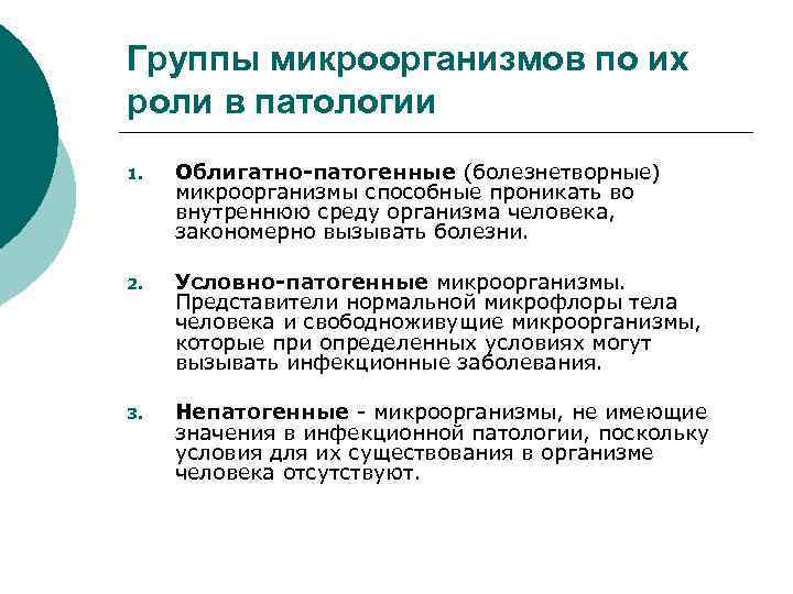 Группы микроорганизмов по их роли в патологии 1. Облигатно-патогенные (болезнетворные) микроорганизмы способные проникать во