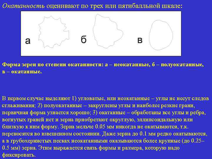 Окатанность оценивают по трех или пятибалльной шкале: Форма зерен по степени окатанности: а –