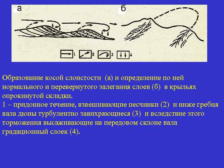 Образование косой слоистости (а) и определение по ней нормального и перевернутого залегания слоев (б)