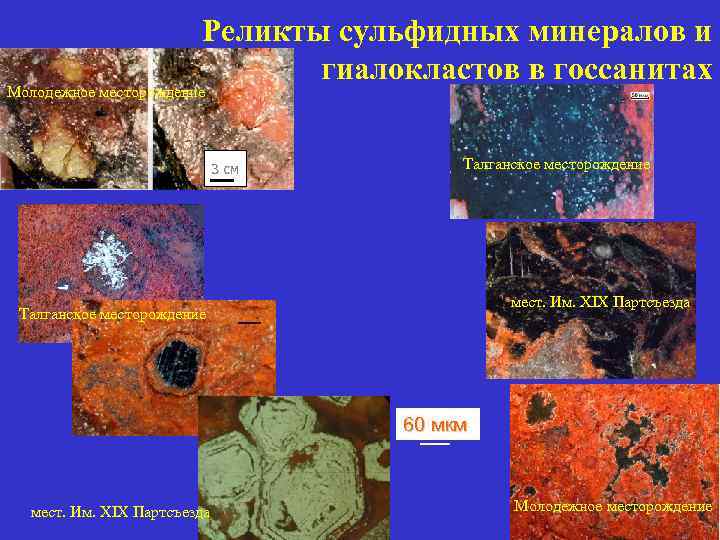 Реликты сульфидных минералов и гиалокластов в госсанитах Молодежное месторождение 3 см Талганское месторождение мест.
