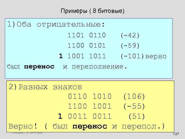 Примеры ( 8 битовые) 1)Оба отрицательные: 1101 0110 (-42) 1100 0101 (-59) 1 1001