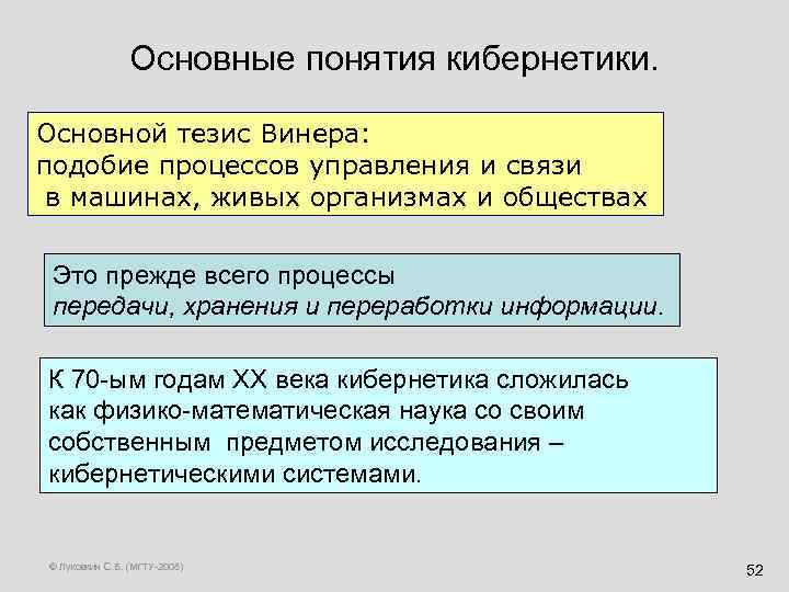 Основные понятия кибернетики. Основной тезис Винера: подобие процессов управления и связи в машинах, живых