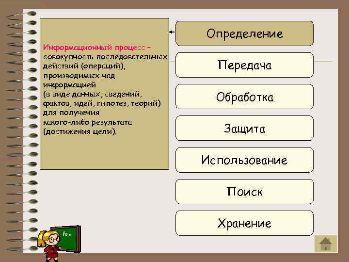 Определение Информационный процесс – совокупность последовательных действий (операций), производимых над информацией (в виде данных,