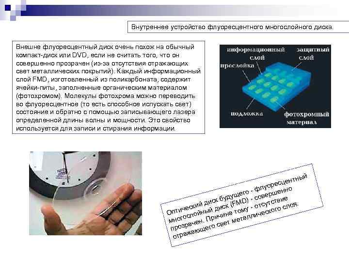 Внутреннее устройство флуоресцентного многослойного диска. Внешне флуоресцентный диск очень похож на обычный компакт-диск или