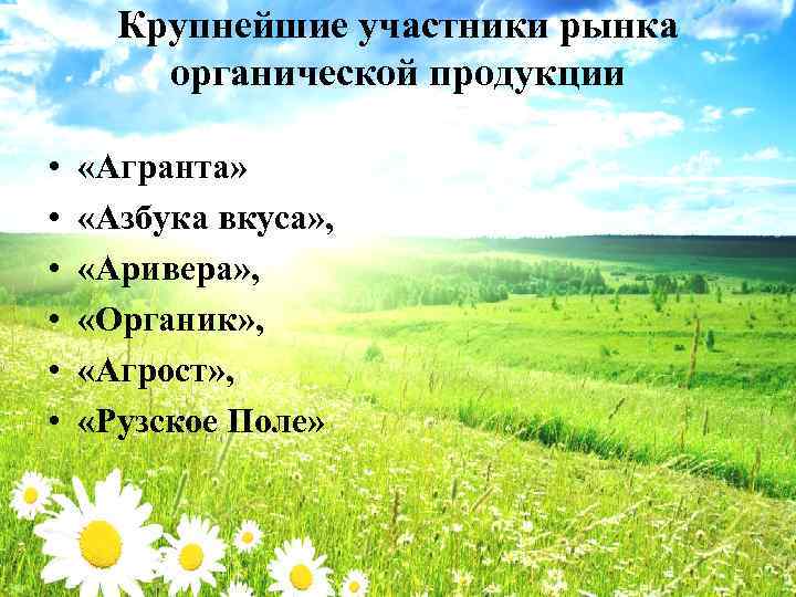 Крупнейшие участники рынка органической продукции • • • «Агранта» «Азбука вкуса» , «Аривера» ,