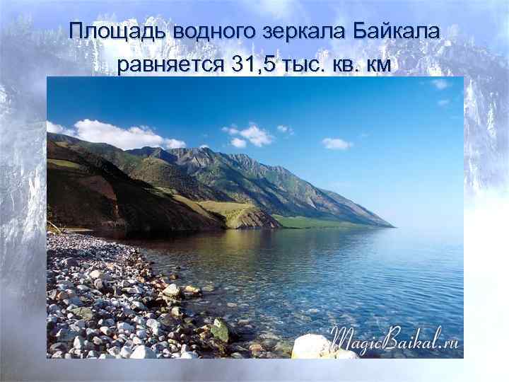 Площадь водного зеркала Байкала равняется 31, 5 тыс. кв. км 