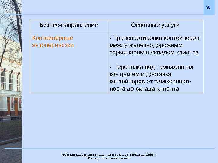 39 Бизнес-направление Контейнерные автоперевозки Основные услуги - Транспортировка контейнеров между железнодорожным терминалом и складом