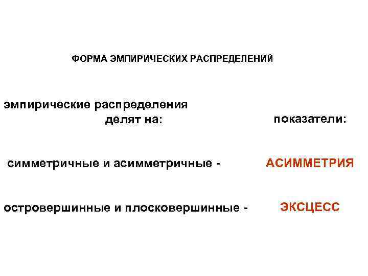ФОРМА ЭМПИРИЧЕСКИХ РАСПРЕДЕЛЕНИЙ эмпирические распределения делят на: симметричные и асимметричные - островершинные и плосковершинные